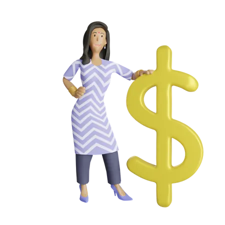 Femme d'affaires indienne debout à côté du symbole du dollar  3D Illustration