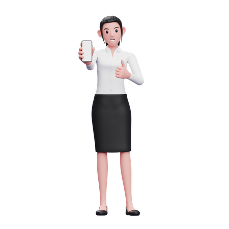Femme d'affaires lève le pouce et montre l'écran du smartphone  3D Illustration