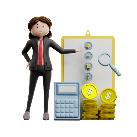 Femme d'affaires montrant le calcul du budget  3D Illustration