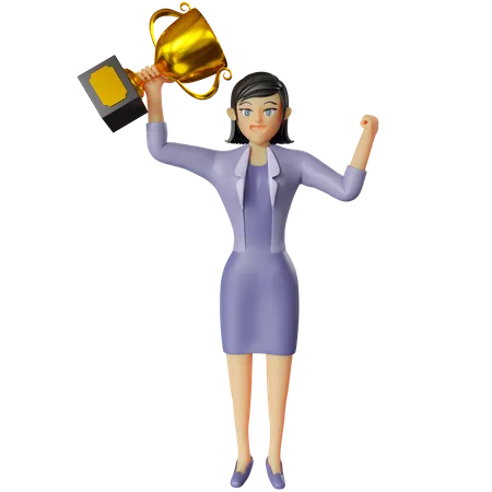 Femme d'affaires obtenant le trophée  3D Illustration