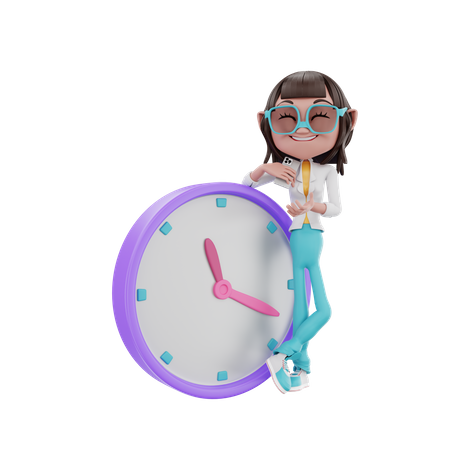 Femme d'affaires se penchant cool sur l'horloge  3D Illustration