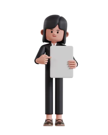 Femme d'affaires pointant sur un livre blanc vierge  3D Illustration