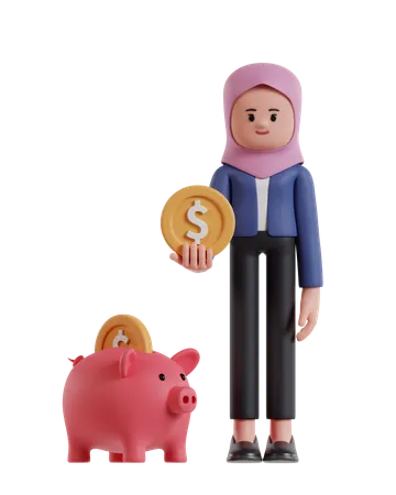 Une femme d'affaires portant le hijab détenant des pièces économise dans une tirelire  3D Illustration