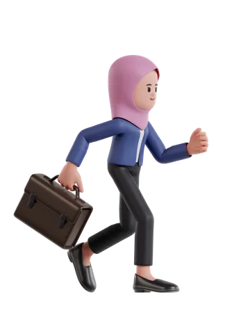 Femme d'affaires portant un hijab courant avec une mallette  3D Illustration
