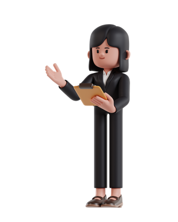 Femme d'affaires présentant tout en tenant le presse-papiers  3D Illustration