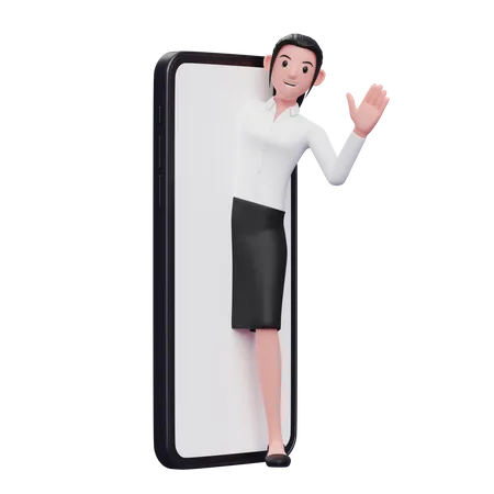 Femme d'affaires sortant de l'écran du téléphone et renonçant à la main  3D Illustration