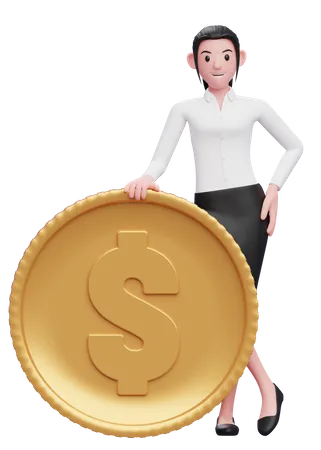 Stand de femme d'affaires avec une pièce d'un dollar  3D Illustration
