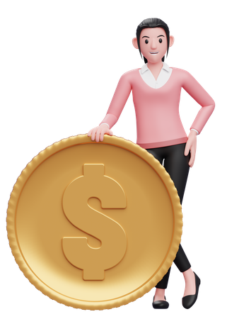 Stand de femme d'affaires avec une pièce d'un dollar  3D Illustration