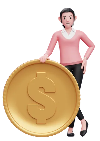 Stand de femme d'affaires avec une pièce d'un dollar  3D Illustration