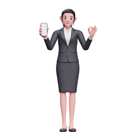 Femme d'affaires tenant un smartphone et montrant le doigt ok  3D Icon