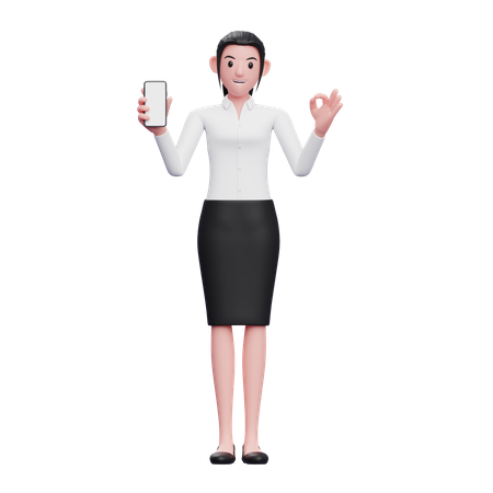 Femme d'affaires tenant un smartphone et montrant le doigt ok  3D Icon