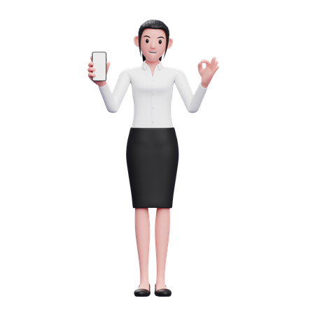 Femme d'affaires tenant un smartphone et montrant le doigt ok  3D Illustration