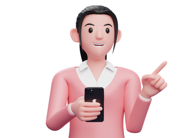 Femme d'affaires tenant un téléphone portable tout en pointant vers le côté  3D Illustration