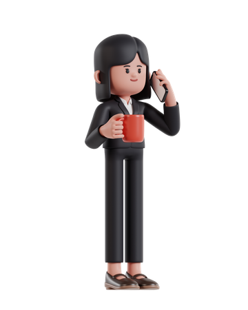 Femme d'affaires tenant une tasse de café et parlant au téléphone portable  3D Illustration
