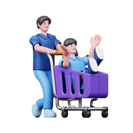 Une femme dans un caddie tandis qu'un homme pousse le sien  3D Icon