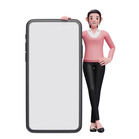 Femme debout à côté d'un gros téléphone  3D Illustration