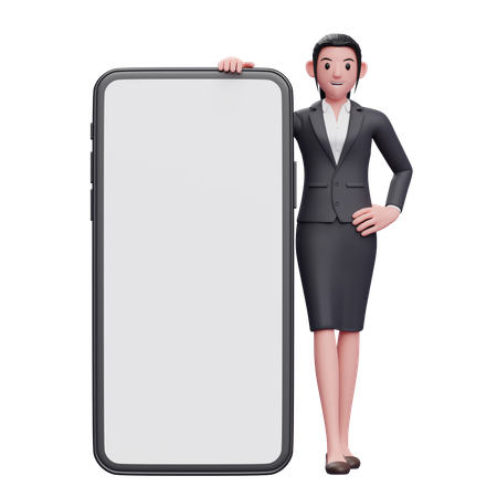 Femme debout à côté d'un gros téléphone  3D Icon