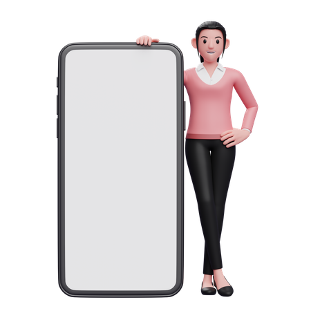 Femme debout à côté d'un gros téléphone  3D Icon