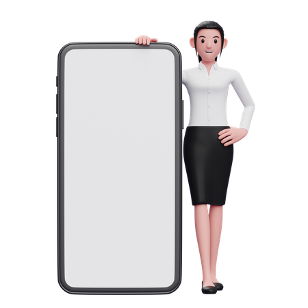 Femme debout à côté d'un gros téléphone  3D Icon