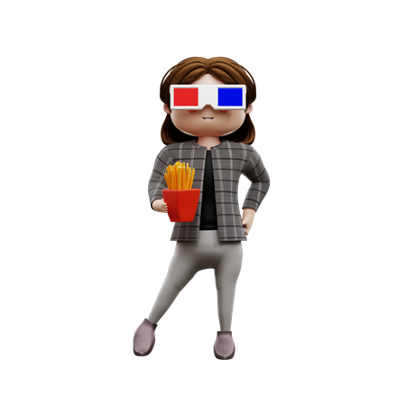 Femme debout et tenant une boîte de frites  3D Icon
