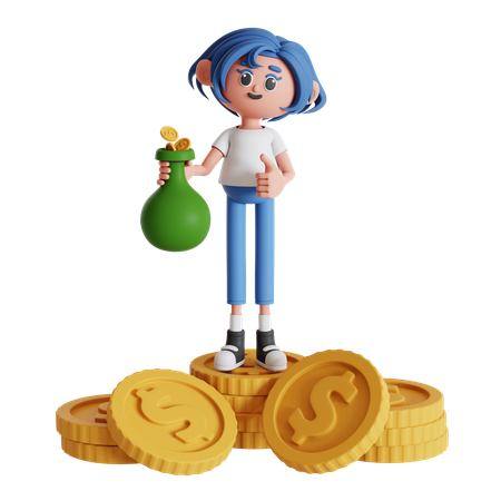 Femme debout sur un tas de pièces de monnaie tout en tenant un sac d'argent  3D Icon
