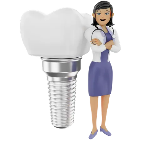 Femme dentiste montrant un implant dentaire  3D Illustration