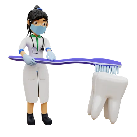 Femme dentiste suggérant de se brosser les dents régulièrement  3D Illustration