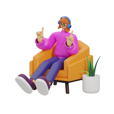 Femme écoutant une chanson sur un canapé  3D Illustration