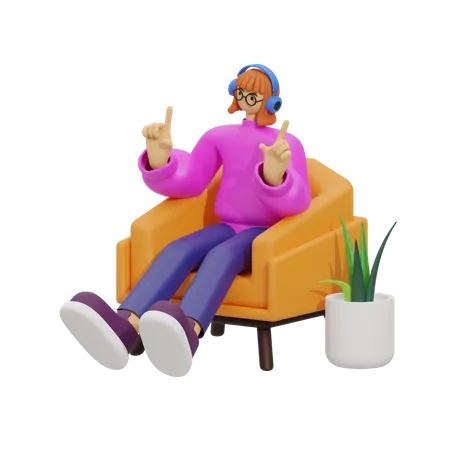 Femme écoutant une chanson sur un canapé  3D Illustration