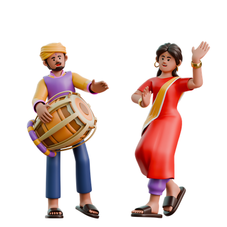 Femme et homme indiens dansant avec des tambours  3D Illustration