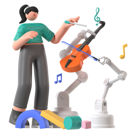 Une femme fait de la musique avec l'aide d'un robot  3D Illustration