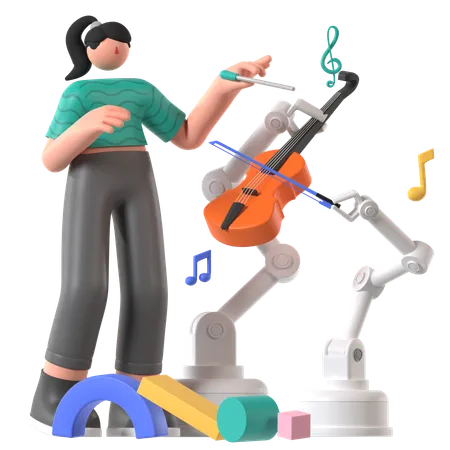 Une femme fait de la musique avec l'aide d'un robot  3D Illustration