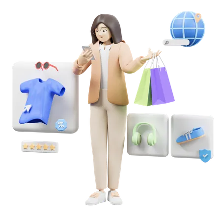 Femme faisant des achats en ligne  3D Illustration