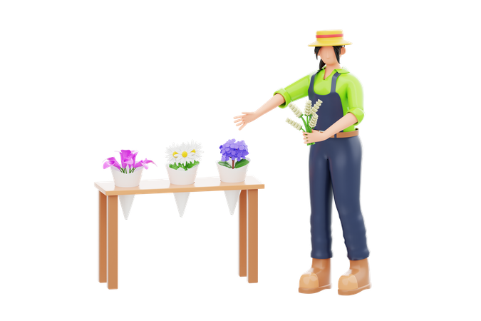 Femme faisant des arrangements floraux  3D Illustration