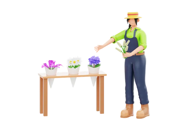 Femme faisant des arrangements floraux  3D Illustration