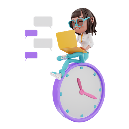 Femme discutant en ligne tout en étant assise sur une horloge  3D Illustration