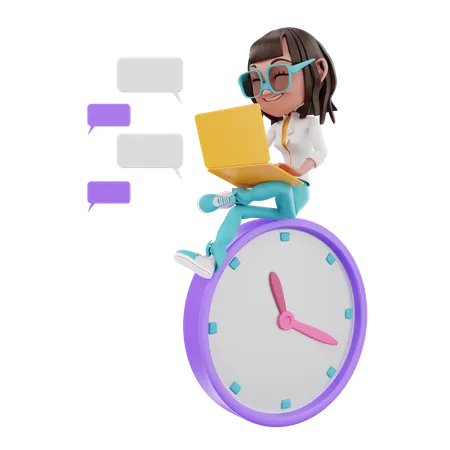 Femme discutant en ligne tout en étant assise sur une horloge  3D Illustration