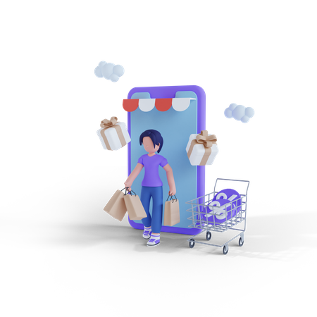 Femme faisant du shopping via une application pour smartphone  3D Icon