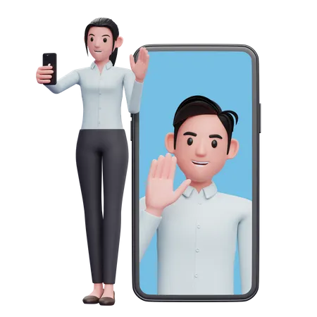 Femme passant un appel vidéo avec des collègues  3D Illustration