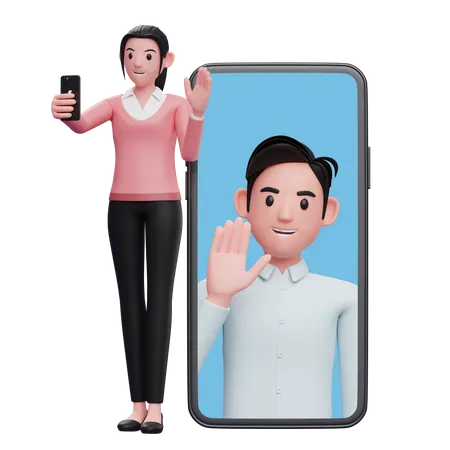 Femme passant un appel vidéo avec des collègues  3D Illustration