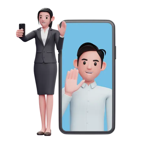 Femme passant un appel vidéo avec des collègues  3D Illustration