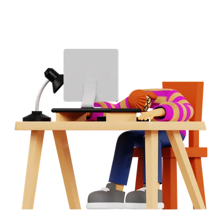 Femme fatiguée de travailler au bureau  3D Illustration
