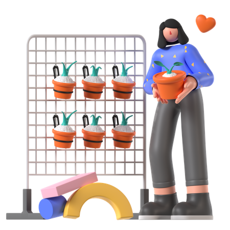 Une femme garde des pots de fleurs dans un jardin vertical  3D Illustration