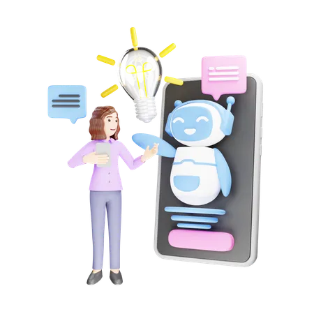 Femme générant des idées avec AI Bot  3D Illustration
