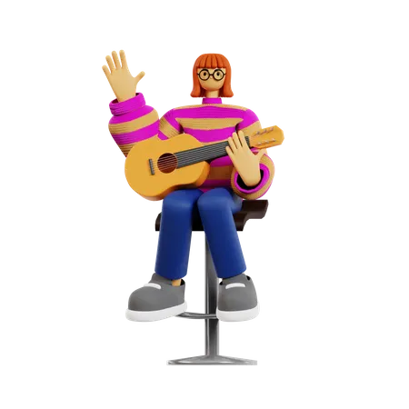 Guitariste féminine, agitant la main  3D Illustration