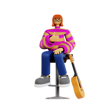 La guitariste féminine montre le pouce vers le haut  3D Illustration