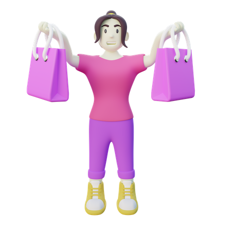 Femme heureuse avec sac à provisions  3D Illustration