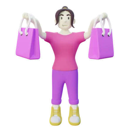Femme heureuse avec sac à provisions  3D Illustration