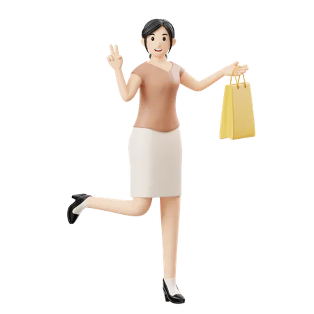 Femme heureuse qui court en tenant un sac de courses  3D Illustration