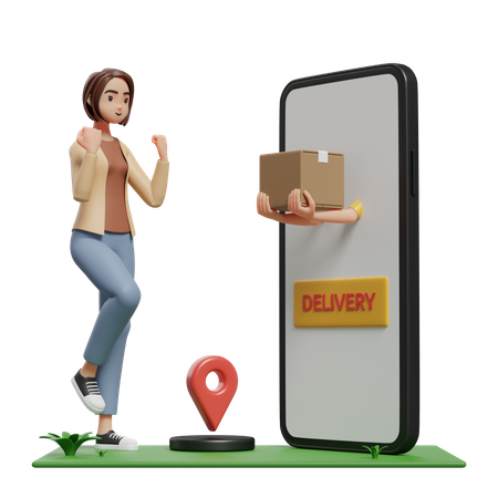 Femme heureuse recevant le colis du courrier apparaissant depuis l'écran du mobile  3D Illustration